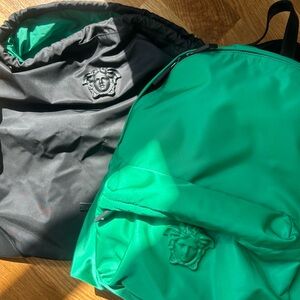 Versace Green Nylon Backpack and Black Drawstring Bag with Acrylic Medusa Logo